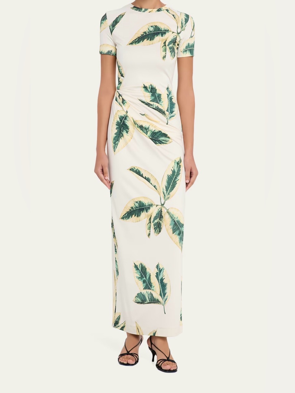 Oscar de la Renta Short Sleeve Ficus Print Draped Maxi Dress